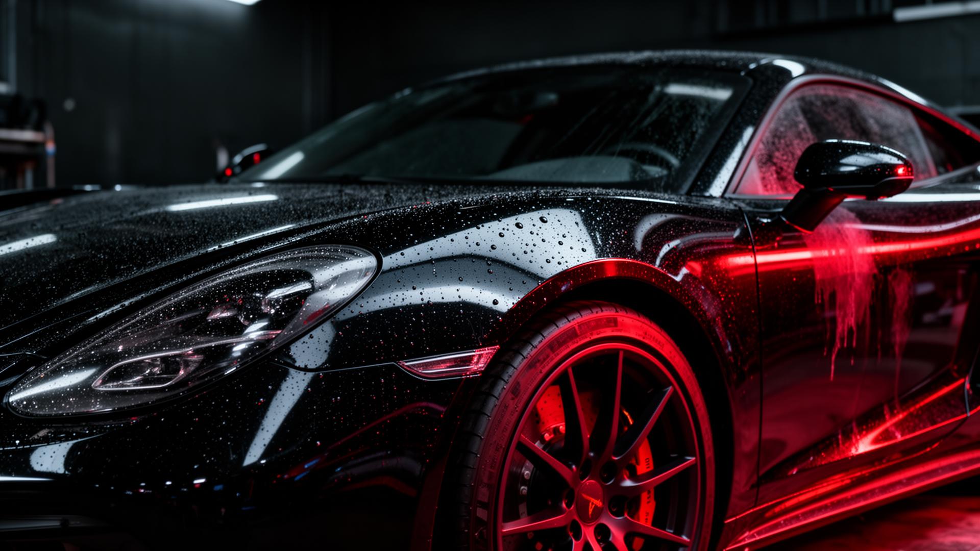 Glossy black luxury car being detailed